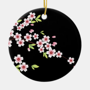 Black with Pink and Green Cherry Blossom Sakura Ceramic Tree Decoration