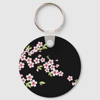 Black with Pink and Green Cherry Blossom Sakura Key Ring
