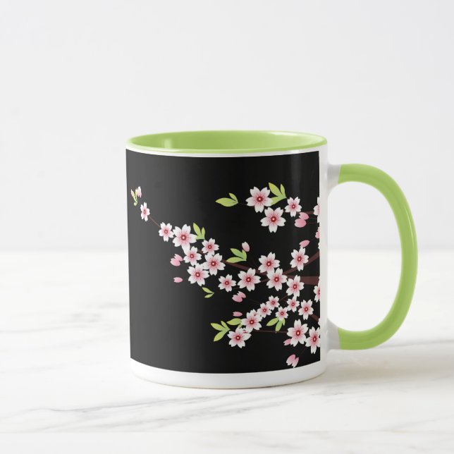 Black with Pink and Green Cherry Blossom Sakura Mug (Right)