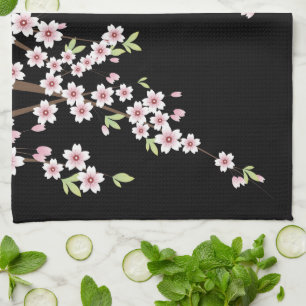 Black with Pink and Green Cherry Blossom Sakura Tea Towel