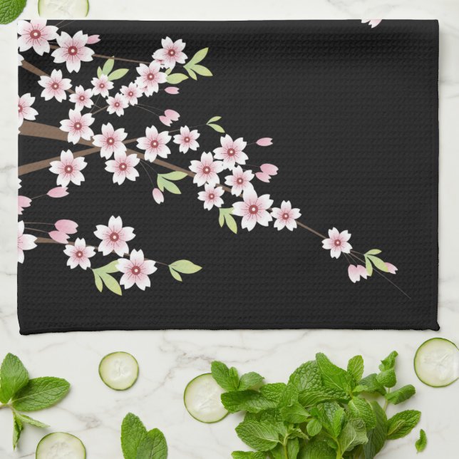 Black with Pink and Green Cherry Blossom Sakura Tea Towel (Folded)
