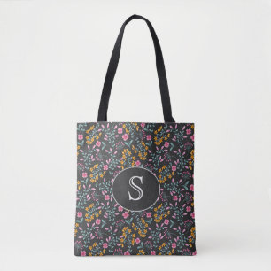Black with Pink and Yellow Floral Monogram Tote Bag
