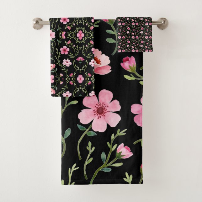 Black With Pink Floral Three Piece  Bath Towel Set (Insitu)