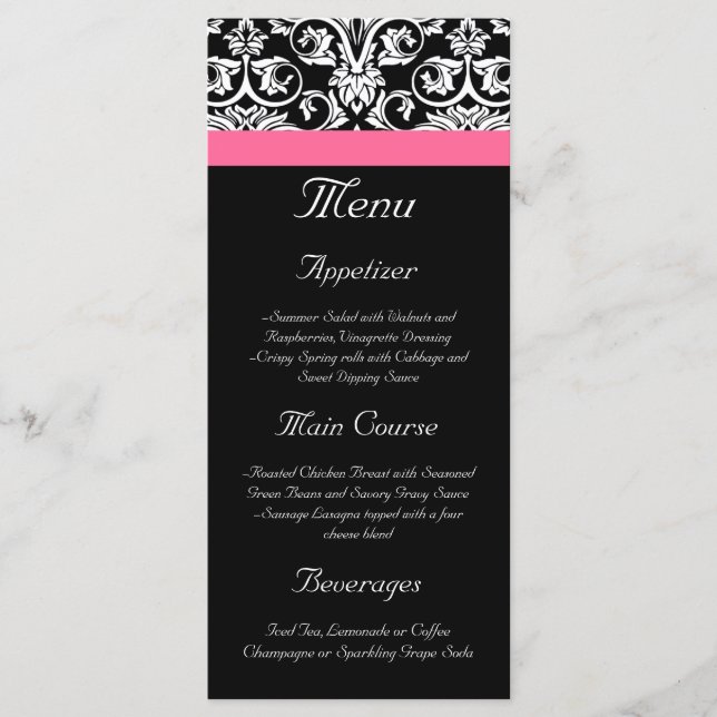Black with Pink Passion Damask Menu (Front)