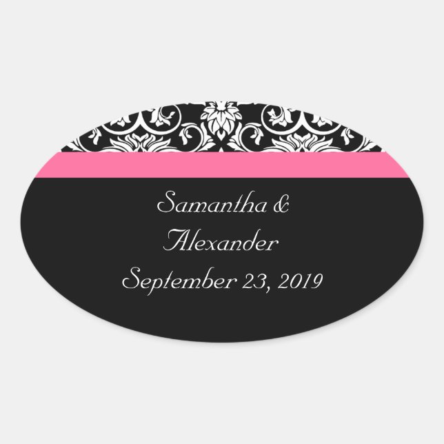 Black with Pink Passion Damask Oval Sticker (Front)