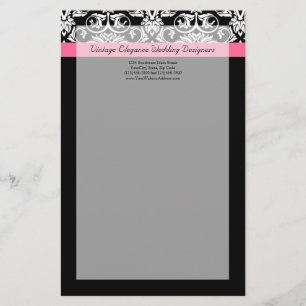 Black with Pink Passion Damask Stationery