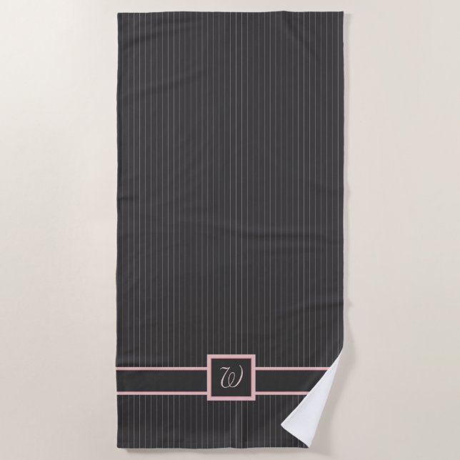 Black with Pink Pinstripes Beach Towel (Front)