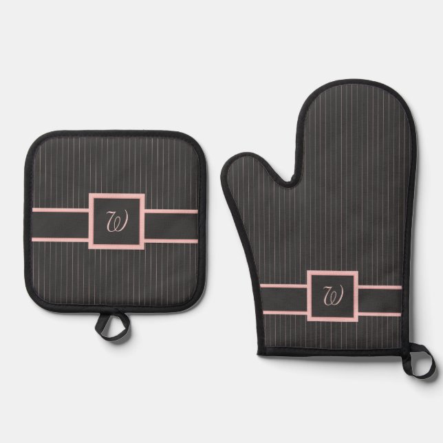 Black with Pink Pinstripes Oven Mitt & Pot Holder Set (Front)