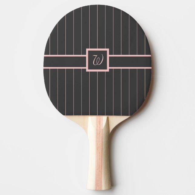 Black with Pink Pinstripes Ping Pong Paddle (Front)