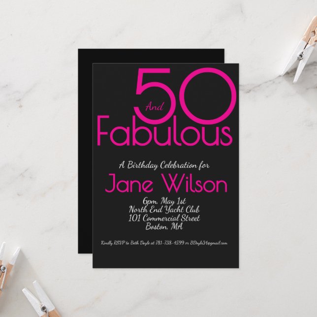  Black with Pink Text 50 and Fabulous Birthday   Invitation (Front/Back In Situ)