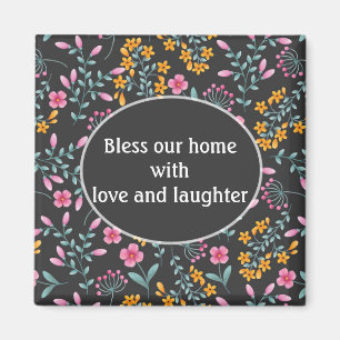 Black with Pink Yellow Floral Bless Our Home Magnet