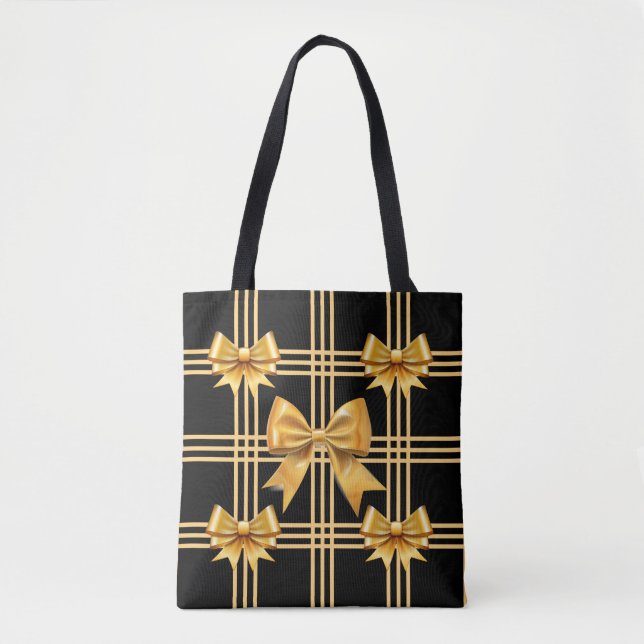 Black With Plaid Gold Coquette Bows Tote Bag (Front)