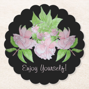 black with pretty pink flowers all over floral paper coaster