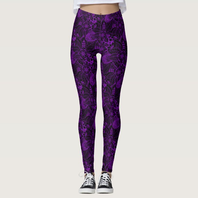 Black with Purple Floral Lace Pattern Leggings (Front)