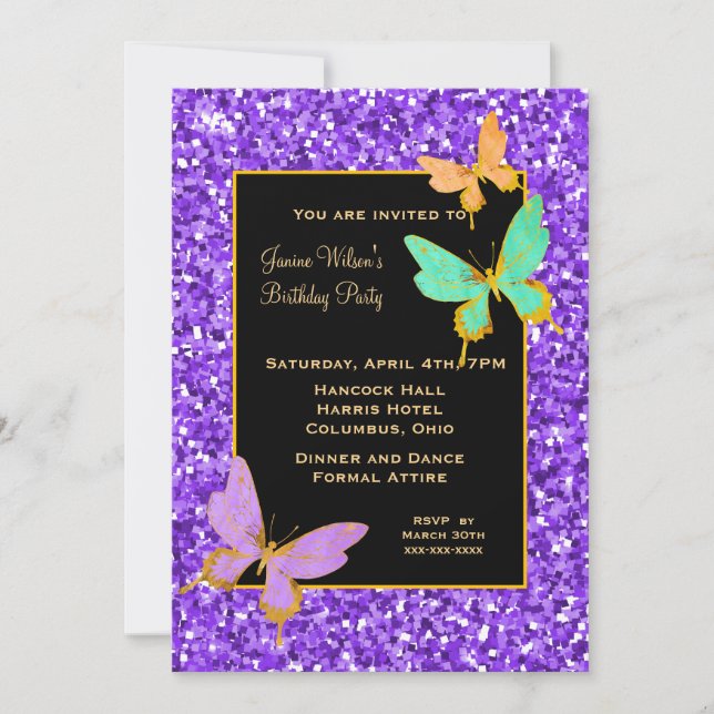 Black with Purple Glitter and Butterflies Birthday Invitation (Front)