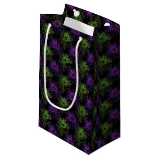 BLACK WITH PURPLE & GREEN MARDI GRAS FEATHERS SMALL GIFT BAG