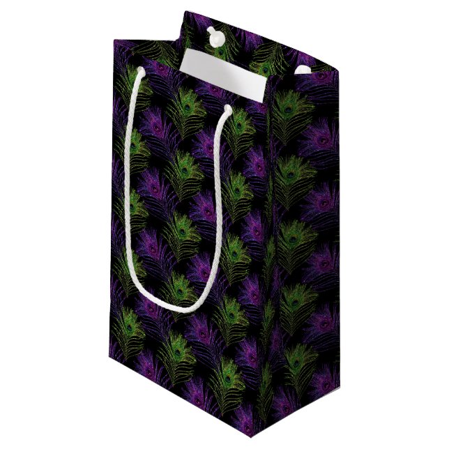 BLACK WITH PURPLE & GREEN MARDI GRAS FEATHERS SMALL GIFT BAG (Front Angled)