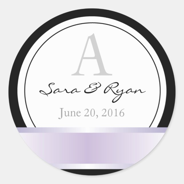 Black with purple ribbon & monogram wedding sticke classic round sticker (Front)
