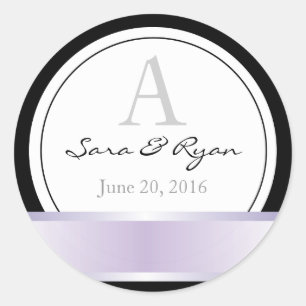 Black with purple ribbon & monogram wedding sticke classic round sticker