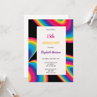 black with rainbow groovy  wavy birthday party  invitation
