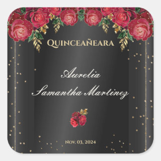 Black with Red Roses Quinceañera Calcamonias Square Sticker