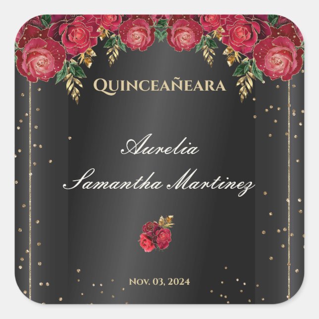 Black with Red Roses Quinceañera Calcamonias Square Sticker (Front)
