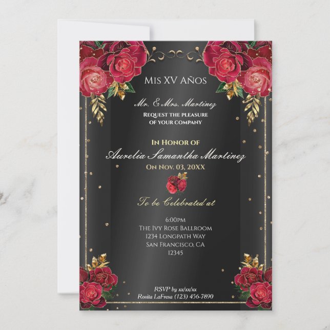 Black with Red Roses Quinceañera Invitations (Front)