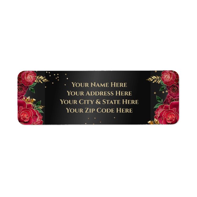 Black with Red Roses Quinceañera Return Address Label (Front)