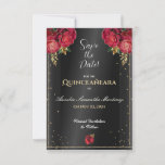 Black with Red Roses Quinceañera Save the Date<br><div class="desc">Elegant Black Background with Red Roses and Gold Accents Quinceañera Save the Date Cards. Easily personalise the information on these quince save the dates, and you have your own custom made save the date cards to match your quinceañera theme! Please view our Black with Red Roses Quinceañera Collection for complimenting...</div>