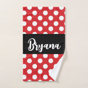 Black With Red White Polka Dots Personalised Bath Towel Set