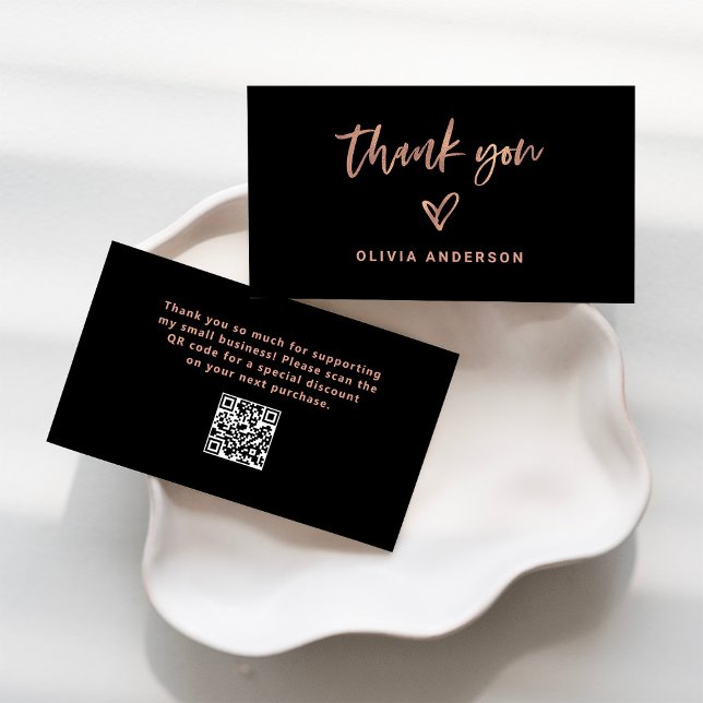 Black with Rose Gold Script and Heart | Thank You Business Card (Creator Uploaded)