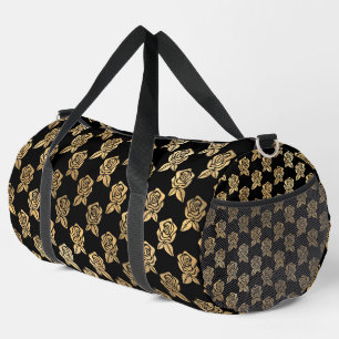 BLACK WITH ROWS OF GOLD ROSE FLOWERS DUFFLE BAG