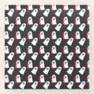 BLACK WITH ROWS OF LITTLE WHITE GHOSTS GLASS COASTER