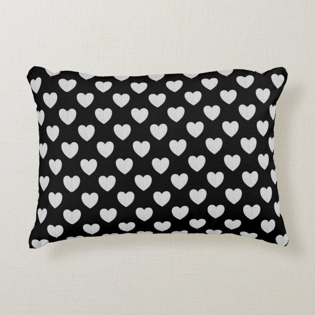 Black With Silver Glittery Hearts Decorative Cushion (Front)