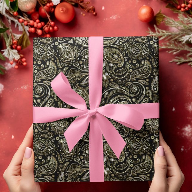 Black With Silver & Gold Floral Paisley Wrapping Paper (Creator Uploaded)