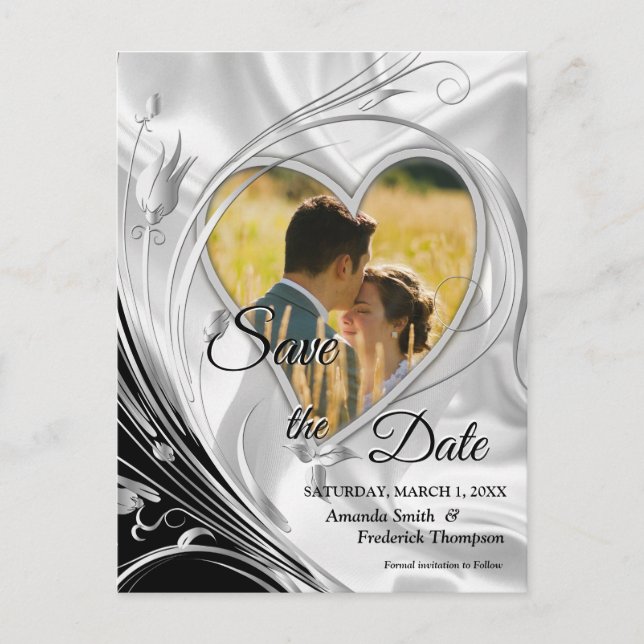 Black with Silver on Champagne Silk Save the Dates Announcement Postcard (Front)
