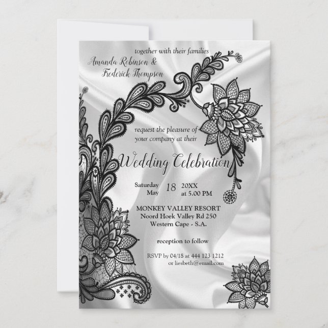 Black with Silver on Champagne Silk Wedding Invita Invitation (Front)