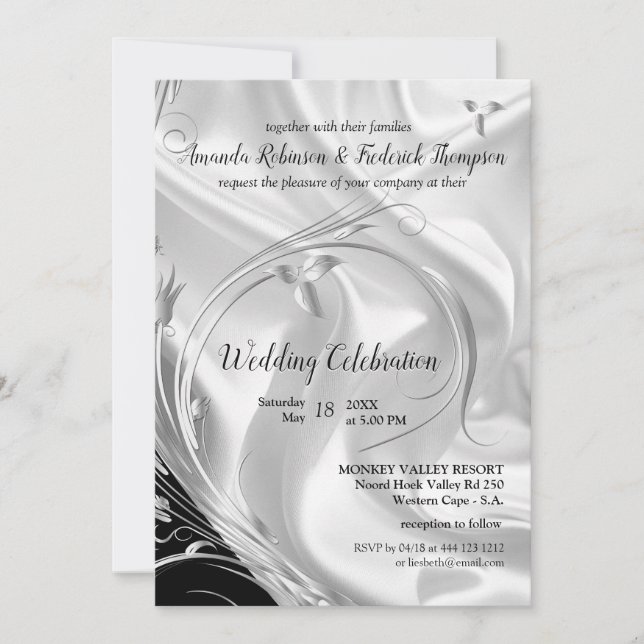 Black with Silver on Champagne Silk Wedding Invita Invitation (Front)
