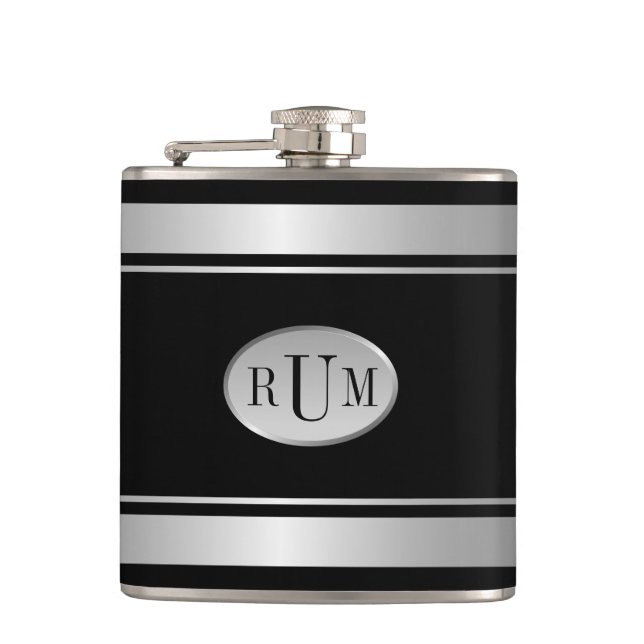 Black with Silver Stripes Borders Monogram Flask (Front)