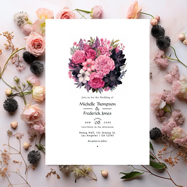 Black with Soft Pinks Floral Spring Wedding Invitation (Creator Uploaded)