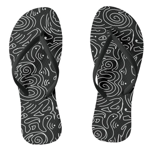 Black with White Abstract Wavy Line Thongs (Footbed)
