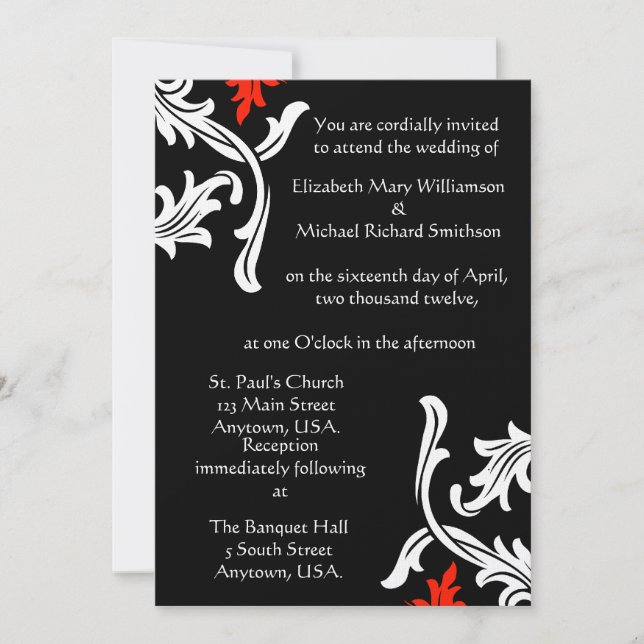 Black with White and Red Damask Wedding Invitation (Front)