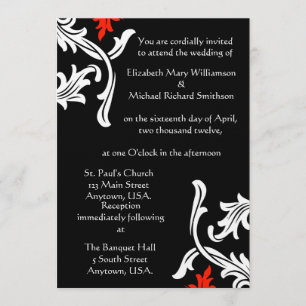 Black with White and Red Damask Wedding Invitation