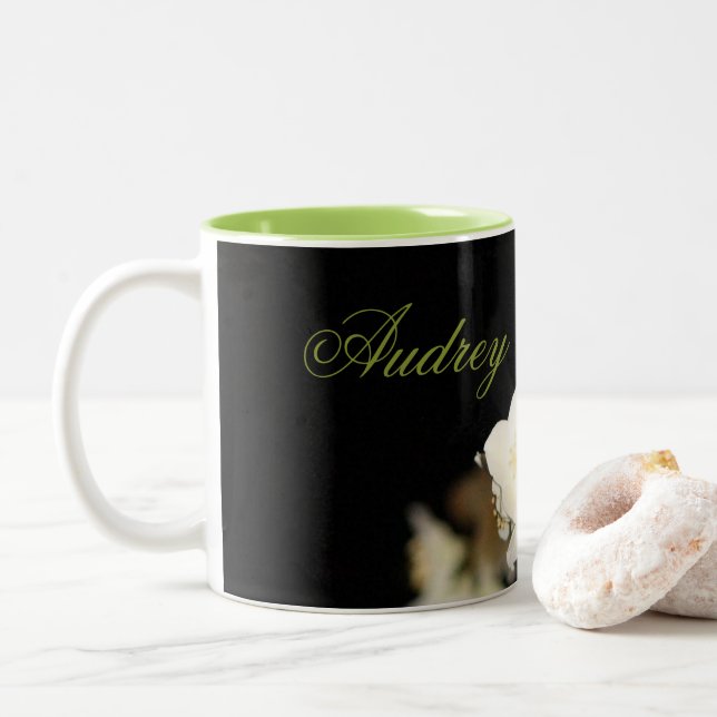 Black With White Blossoms Two-Tone Coffee Mug (With Donut)