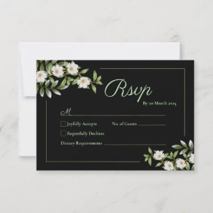 Black with White Camellia Wedding RSVP Card