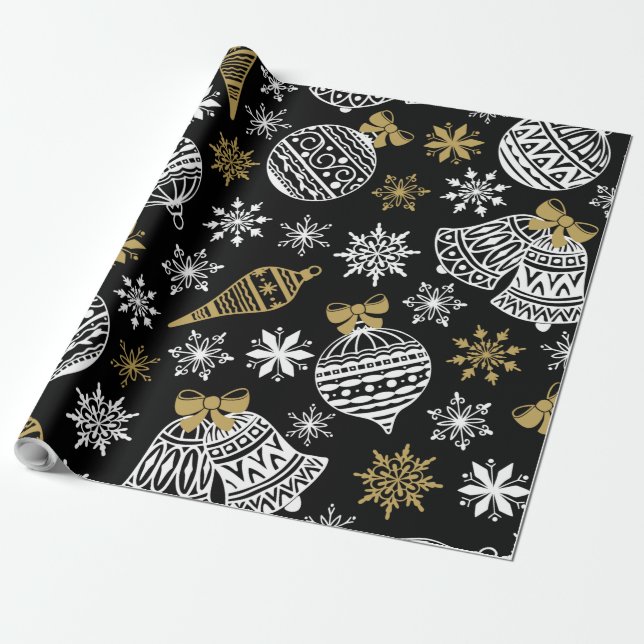 Black With White Christmas Pattern  Wrapping Paper (Unrolled)