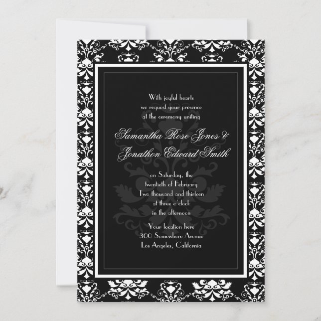 Black with White Damask Elegant Wedding Invitation (Front)