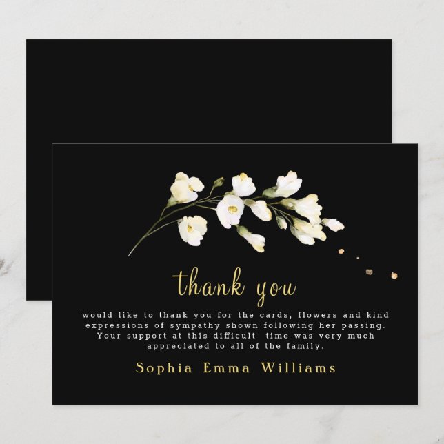 Black with White Flowers Floral Thank You Card (Front/Back)