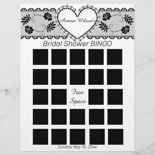 Black With White Lace Bridal Shower Bingo Flyer (Front)