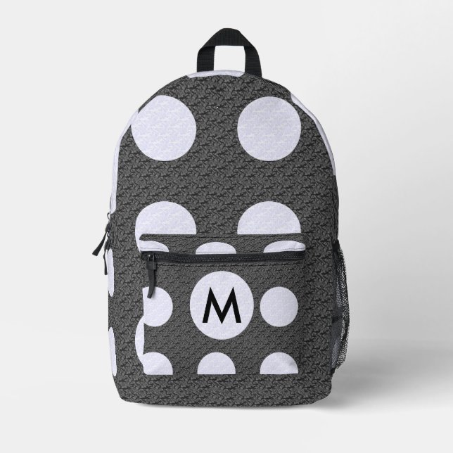 Black with White Polka Dots Monogrammed  Printed Backpack (Front)